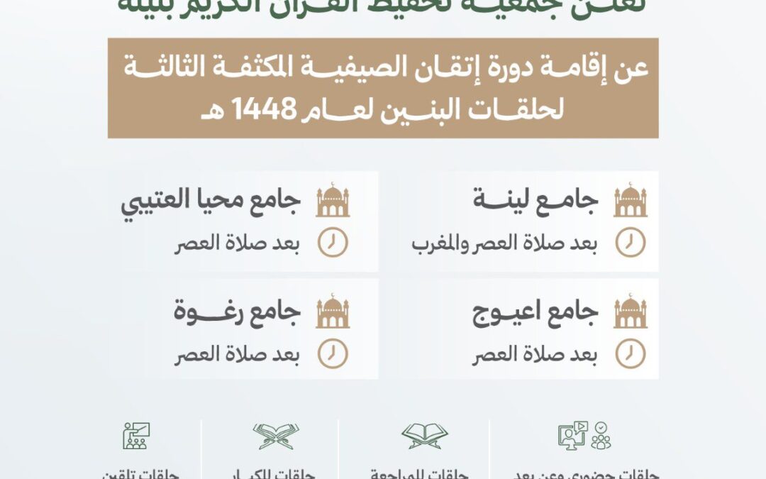 تعلن جمعية تحفيظ القرآن الكريم بلينة عن إقامة دورة إتقان الصيفية
